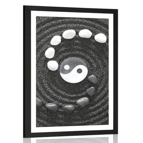 POSTER MIT PASSEPARTOUT HARMONISCHES VON YIN UND YANG - SCHWARZ-WEISS - POSTER