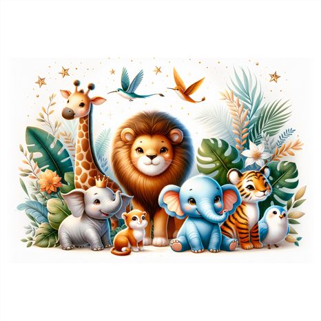 WANDBILD KÖNIG DES DSCHUNGELS UND SEINE SÜSSEN FREUNDE - KINDERBILDER TIERE - BILDER