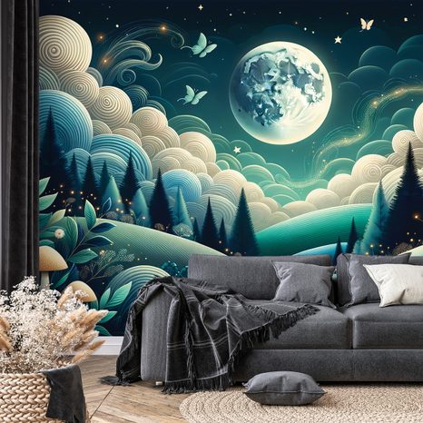 TAPETE NÄCHTLICHE MÄRCHENLANDSCHAFT MIT FLIEGENDEN SCHMETTERLINGEN - UNIVERSUM- UND STERNE-TAPETEN - TAPETEN