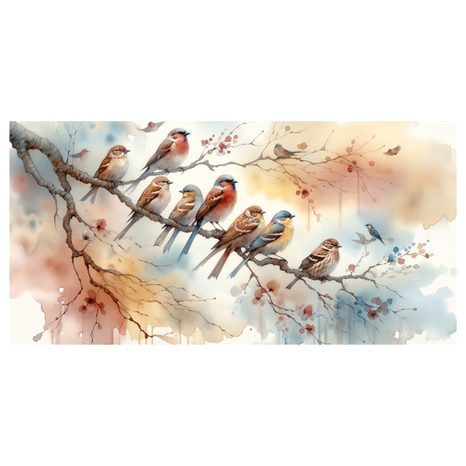 OBRAZ BAREVNÍ PTÁČCI NA VĚTVI - OBRAZY PTÁCI - OBRAZY