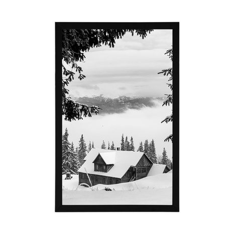 POSTER – CASETTA DI LEGNO TRA I PINI INNEVATI IN BIANCO E NERO - NERO E BIANCO - POSTER