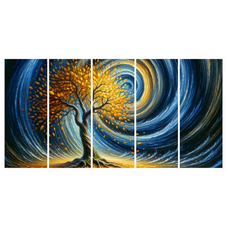 5-DÍLNÝ OBRAZ ZLATÝ STROM ŽIVOTA VE VÍRU NOCI - OBRAZY STROMY ŽIVOTA - OBRAZY