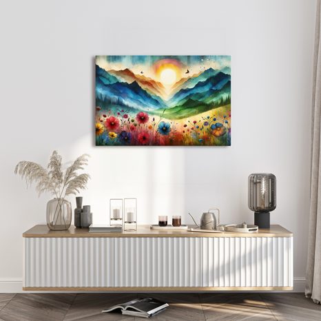 WANDBILD BERGE IN REGENBOGENFARBEN MIT WIESE - WANDBILDER FELDER UND WIESEN - BILDER