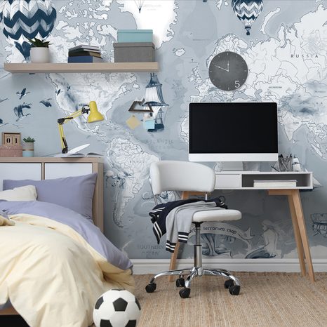 TAPETA NACRTANI ZEMLJOVID S PLOVILIMA U SIVO-PLAVOJ BOJI - TAPETE ZEMLJOVIDI - TAPETE