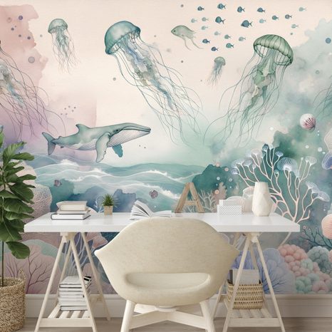 SAMOLEPÍCÍ FOTOTAPETA PODMOŘSKÝ SVĚT V PASTELOVÝCH BARVÁCH - TAPETY MOŘŠTÍ ŽIVOČICHOVÉ - TAPETY