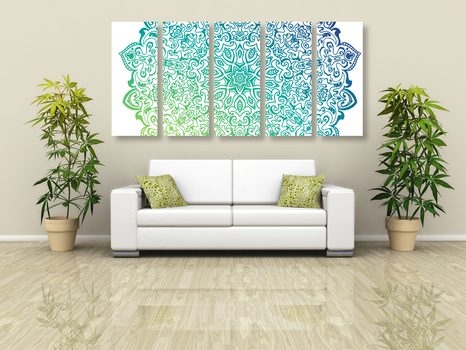 5-DÍLNÝ OBRAZ MODROZELENÁ MANDALA - OBRAZY FENG SHUI - OBRAZY