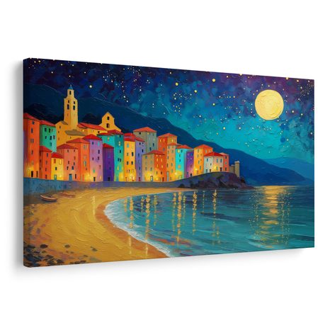 OBRAZ NOČNÍ MĚSTO U MOŘE - BAREVNÉ DOMY - OBRAZY
