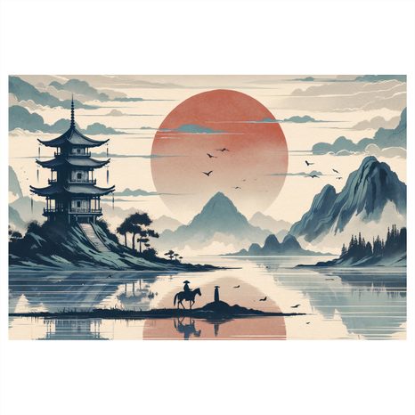 OBRAZ JAPONSKÁ KRAJINA S JEZDCEM - OBRAZY VÝCHOD A ZÁPAD SLUNCE - OBRAZY