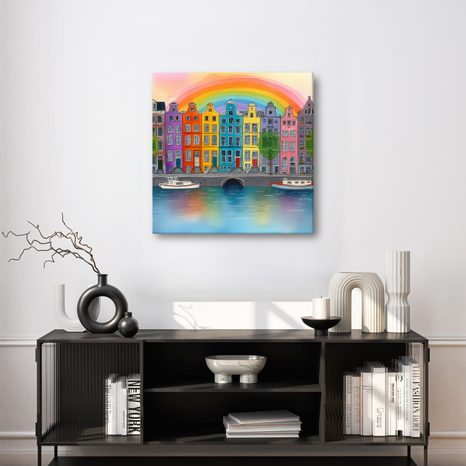 OBRAZ MĚSTSKÁ KRAJINA S DUHOU - BAREVNÉ DOMY - OBRAZY