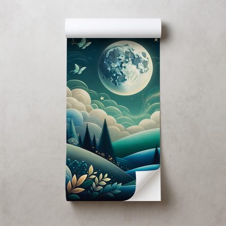 SELBSTKLEBENDE TAPETE NÄCHTLICHE MÄRCHENLANDSCHAFT MIT FLIEGENDEN SCHMETTERLINGEN - UNIVERSUM- UND STERNE-TAPETEN - TAPETEN