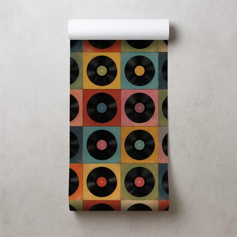 TAPETE RETRO-VINYLPLATTEN AUF BUNTEM HINTERGRUND - MUSIK FOTOTAPETEN - TAPETEN