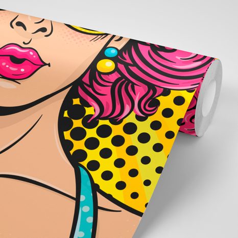 TAPETE FRAU MIT ROSA HAAREN - POP-ART-TAPETEN - TAPETEN