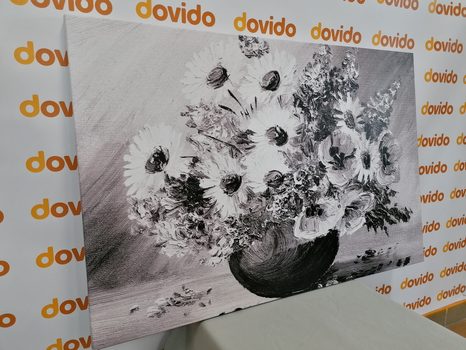 WANDBILD ÖLGEMÄLDE SOMMERBLUMEN IN SCHWARZ-WEISS - SCHWARZ-WEISSE BILDER - BILDER