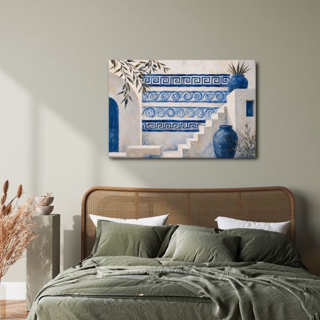 TABLEAU SUR TOILE – ESCALIER GREC EN ÉLÉGANCE BLEU ET BLANC - TABLEAUX DE LA VILLE - TABLEAUX