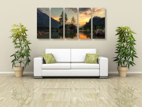 5-RÉSZES KÉP EGY HEGYI TÁJ KÉPE A TÓ MELLETT - TERMÉSZET- ÉS TÁJKÉPEK - KÉPEK