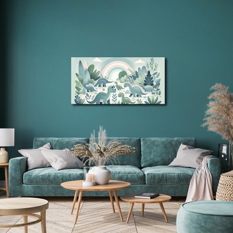 SLIKA DINOZAVRSKA POKRAJINA POD PASTELNO MAVRICO - OTROŠKE SLIKE ŽIVALI - SLIKE