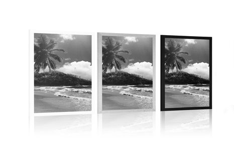 PLAKAT PLAŽA NA OTOKU SEJŠELI U CRNO-BIJELOM DIZAJNU - CRNO-BIJELE - PLAKATI