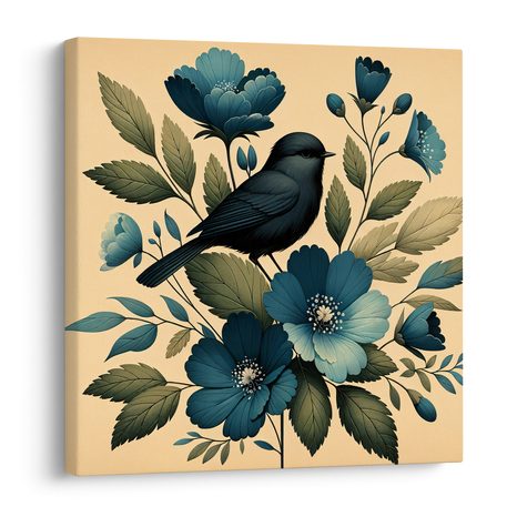 WANDBILD VÖGELCHEN AUF AST MIT BLAUEN BLUMEN - BILDER VON VÖGELN - BILDER