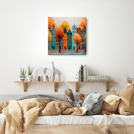 WANDBILD HERBSTLICHE STRASSE MIT BUNTEN BÄUMEN - BUNTE HÄUSER - BILDER