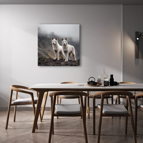 WANDBILD WEISSE WÖLFE AUF FELSEN - BILDER VON HUNDEN - BILDER