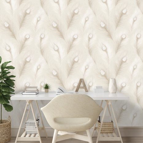 TAPETA BÉŽOVÉ PÁVOVÉ PEŘÍ V GLAMOUR STYLU - VZOROVANÉ TAPETY - TAPETY