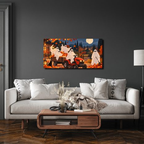 QUADRO SU TELA – FANTASMI AUTUNNALI CON ZUCCHE - QUADRI HALLOWEEN E HORROR - STAMPE E QUADRI