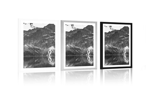 PLAKAT S PASPARTUOM JEZERO MORSKÉ OKO U TATRAMA U CRNO-BIJELOM DIZAJNU - CRNO-BIJELE - PLAKATI