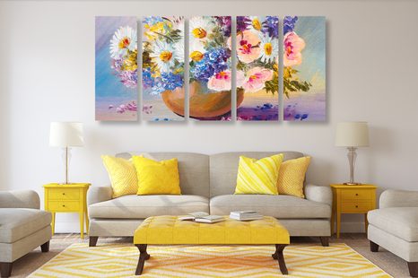 5-TEILIGES WANDBILD ÖLGEMÄLDE SOMMERBLUMEN - BILDER BLUMEN - BILDER