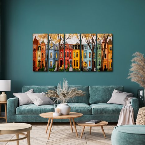 5-DÍLNÝ OBRAZ PODZIMNÍ MĚSTSKÁ ULICE - BAREVNÉ DOMY - PICTURES