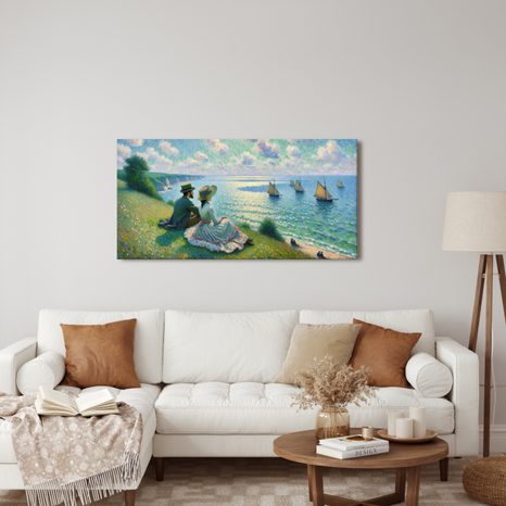 QUADRO SU TELA – COPPIA CHE OSSERVA LA BARCA A VELA - QUADRI MARE E SPIAGGIA - STAMPE E QUADRI