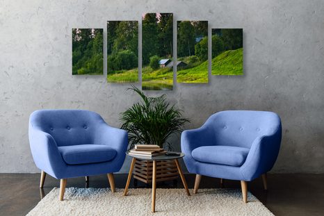 5-TEILIGES WANDBILD MÄRCHENHAFTE HÄUSER AM FLUSS - BILDER VON NATUR UND LANDSCHAFT - BILDER