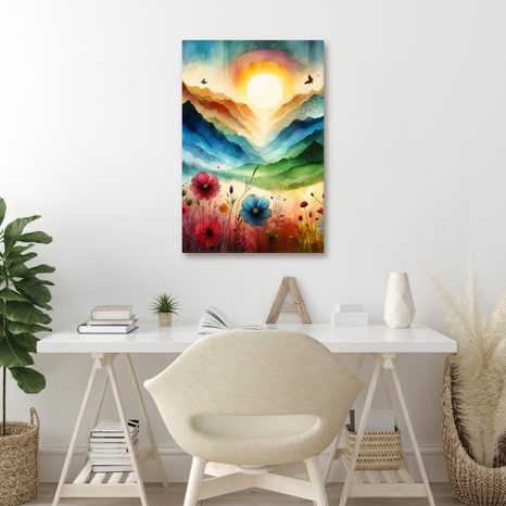 OBRAZ ROZPRÁVKOVÁ KRAJINA S KVETMI A SLNKOM - OBRAZY POLIA A LÚKY - OBRAZY