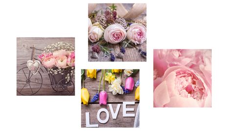 SET TABLOURI NATURA MOARTĂ FLORALĂ DELICATĂ CU INSCRIPȚIE LOVE - COMPOZIȚIE DE TABLOURI - TABLOURI