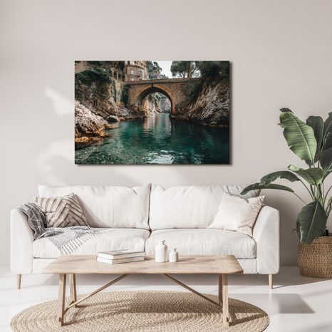 WANDBILD RUHIGES WASSER UNTER DER BRÜCKE - BILDER VON STÄDTEN - BILDER