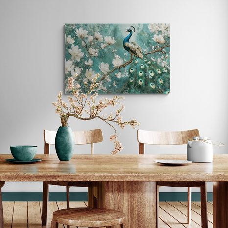 TABLOU PĂUN ÎNCONJURAT DE FLORI ALBE - TABLOURI PĂUNI - TABLOURI