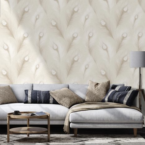 SAMOLEPÍCÍ TAPETA BÉŽOVÉ PÁVOVÉ PEŘÍ V GLAMOUR STYLU - VZOROVANÉ TAPETY - TAPETY