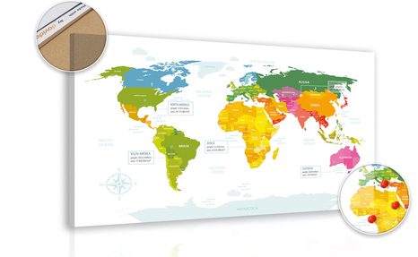 DECORATIVE PINBOARD EXCEPTIONAL WORLD MAP WITH A WHITE BACKGROUND - PICTURES ON CORK - PICTURES