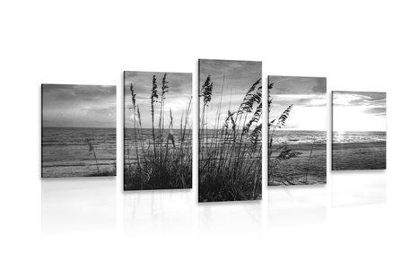 5-PIECE CANVAS PRINT SUNSET ON A BEACH IN BLACK AND WHITE - BLACK AND WHITE PICTURES - PICTURES