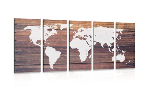 5-PIECE CANVAS PRINT WORLD MAP WITH A WOODEN BACKGROUND - PICTURES OF MAPS - PICTURES