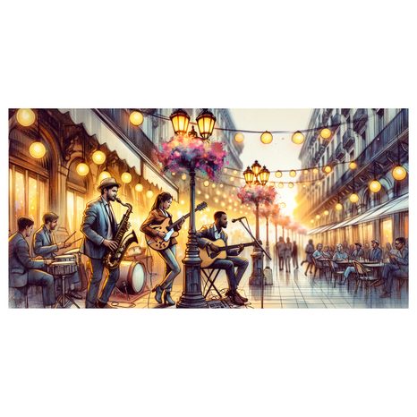 OBRAZ POULIČNÍ KAPELA PŘI ZÁPADU SLUNCE - OBRAZY MĚSTA - OBRAZY