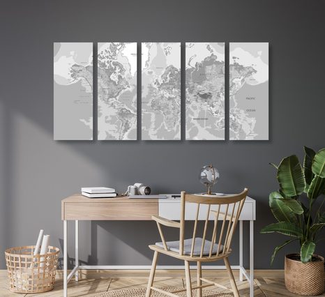 5-DÍLNÝ OBRAZ KLASICKÁ MAPA SVĚTA V ČERNOBÍLÉM PROVEDENÍ - OBRAZY MAPY - OBRAZY