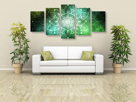 5 RÉSZES KÉP MANDALA GALAKTIKUS HÁTTÉRREL ZÖLD SZÍNBEN - FENG SHUI KÉPEK - KÉPEK