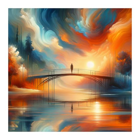 WANDBILD SONNENUNTERGANG ÜBER FLUSS MIT BRÜCKE - BILDER VON SONNENAUFGANG UND SONNENUNTERGANG - BILDER