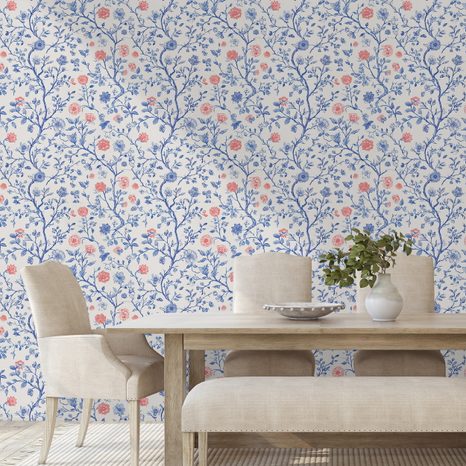 TAPETE BLAUE UND ROSA BLUMENÄSTE - GEMUSTERTE TAPETEN - TAPETEN
