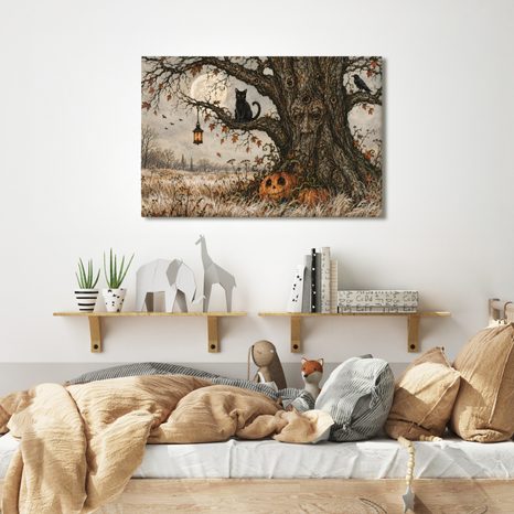 WANDBILD LEBENSBAUM MIT SCHWARZER KATZE - HALLOWEEN- UND HORROR-BILDER - BILDER