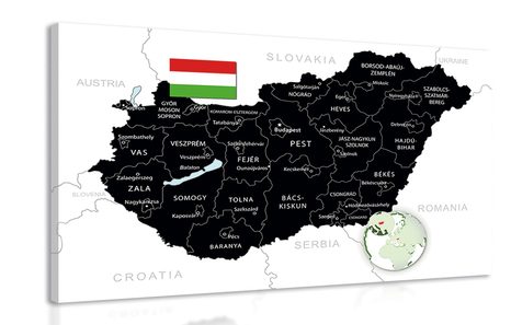 OBRAZ ŠTÝLOVÁ ČIERNA MAPA MAĎARSKA - OBRAZY MAPY - OBRAZY