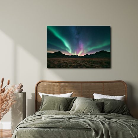 TABLEAU SUR TOILE – AURORE BORÉALE AU-DESSUS DES MONTAGNES - TABLEAUX DES AURORES BORÉALES - TABLEAUX