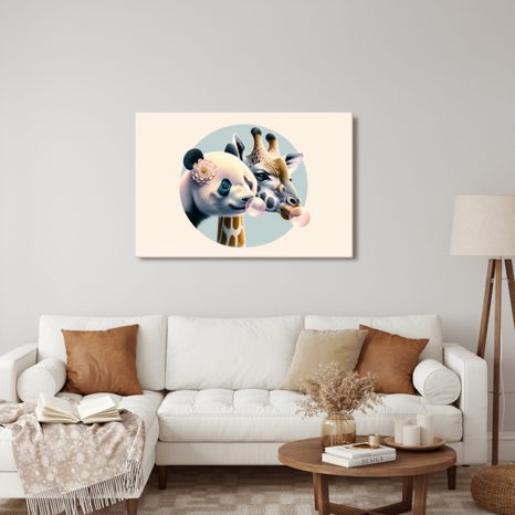 WANDBILD PANDA UND GIRAFFE MIT KAUGUMMIBLASE - KINDERBILDER TIERE - BILDER