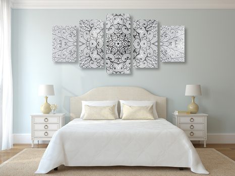 5 RÉSZES KÉP ETNIKUS MANDALA FEKETE FEHÉRBEN - FEKETE-FEHÉR KÉPEK - KÉPEK