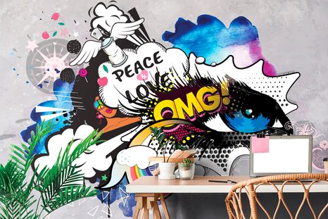 CARTA DA PARATI – OCCHIO GRAFFITI SU SFONDO GRIGIO - CARTA DA PARATI ARTE DI STRADA - CARTA DA PARATI